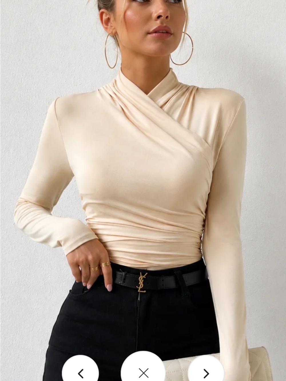 Commense Cream Cross-Front Long Sleeve Wrap Top